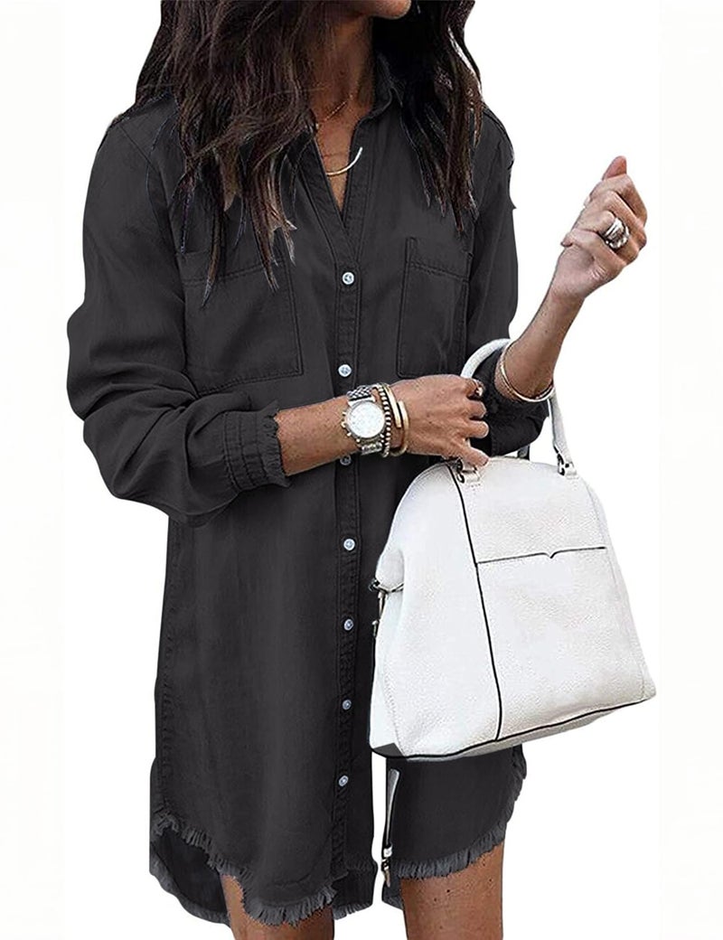 Zilcremo Women Denim Shirt Dresses Long Sleeve Distressed Jean Dress Button Down Casual Tunic Top Black XXL - Image 1